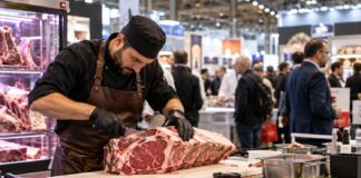 iMEAT 2026 a Bologna: date, programma e novità della fiera iMEAT 2026, professionista al lavoro sulla carne durante una fiera dedicata alla ristorazione