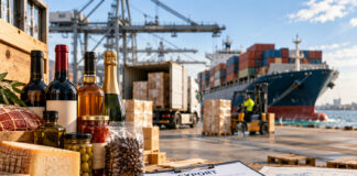 Import export food beverage: gli errori che costano caro Import export food beverage: vino, distillati, olio, caffè e formaggi accanto a documenti di esportazione in un porto commerciale