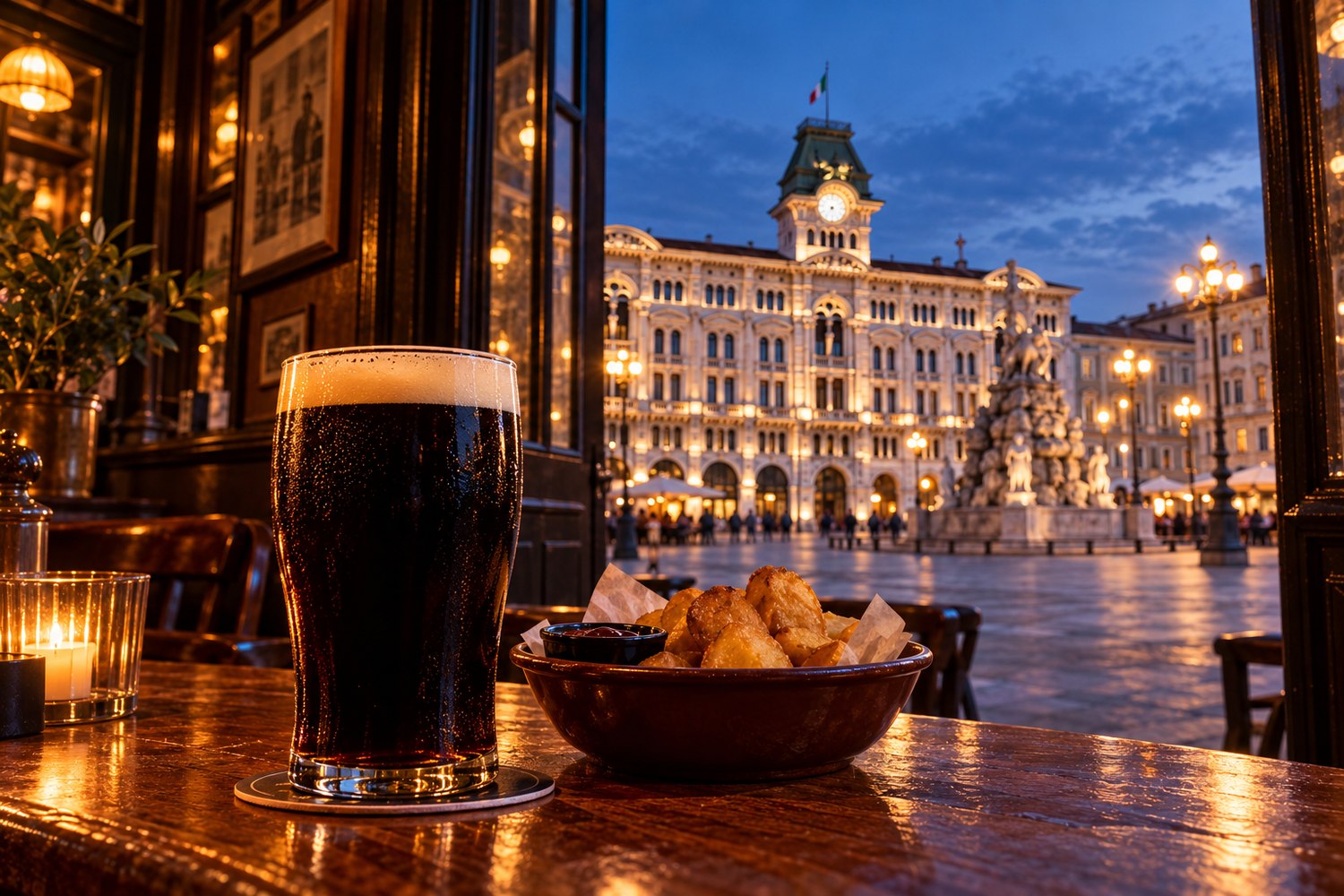 Migliori pub a Trieste con pinta di birra e Piazza Unità d’Italia sullo sfondo