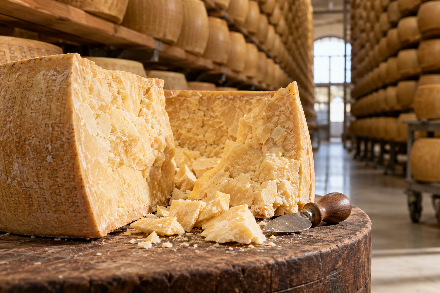 Forma di Parmigiano Reggiano aperta con scaglie in un magazzino di stagionatura