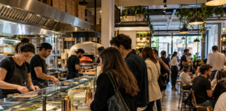 Ristorazione in catena, 9 miliardi: cosa cambia in Italia Ristorazione in catena: personale al lavoro nella cucina a vista di un locale moderno con clienti al banco.